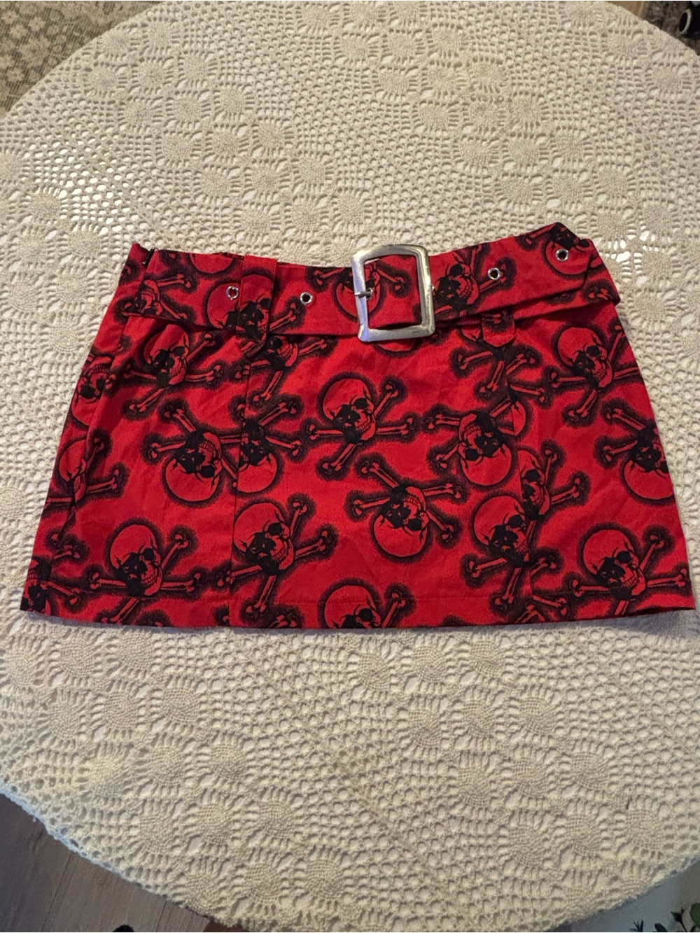 Red Mini Skirt with Black Skull Print and Belt